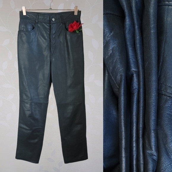 Vintage 90s Genuine Leather High Waisted Straight Leg Pants Black X & T Zeeshi